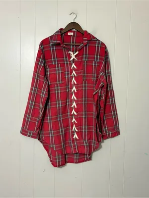 POL Red Plaid Lace Up Tunic Shirt Size L Boho Grunge Flannel Oversized Top thumbnail 2