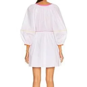 NWT STAUD White Mini Dress Pink Orange Trim Long Puff Sleeves Size Large thumbnail 2