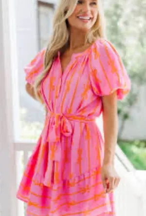 Umgee Pink and Orange Floral Stripe Midi Dress thumbnail 1