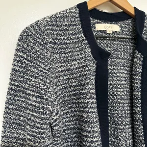 Loft | Women's Navy Blue White Marled Open Front Knit Cardigan Sweater, S thumbnail 3