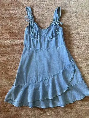 Denim Blue Sleeveless Mini Dress With Ruffle Hem and Tie Straps thumbnail 1