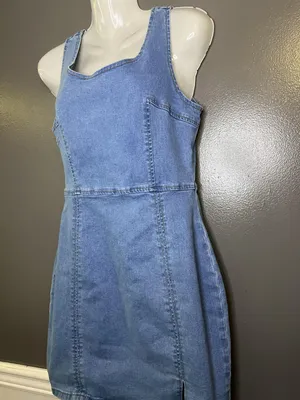 Conshvi Dress Womens Medium Blue Denim Tank Sheath Mini Zip Back Sleeveless thumbnail 5