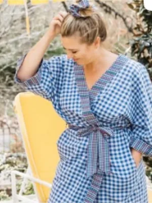 Noonday Collection Blue White Gingham Checked Kimono Robe Size M/L thumbnail 1