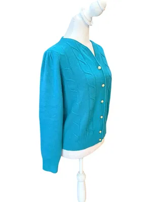 Petite Sophisticate Vintage Lambswool Angora Cardigan Sweater Teal Womens Small thumbnail 3