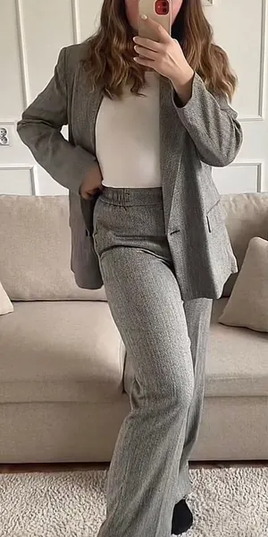 Zara Women‎ Bloggers Favorite Gray Wide Leg Herringbone Elastic Waist Pants Sz L thumbnail 1