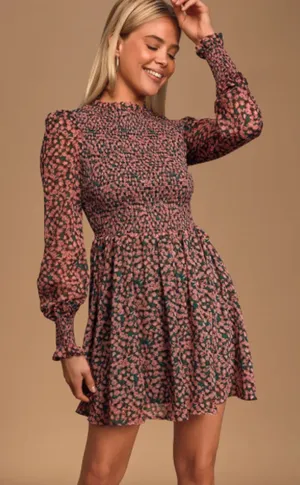 Lulus Floral Forever Green and Pink Floral Print Smocked Skater Dress Ruffles XL thumbnail 1