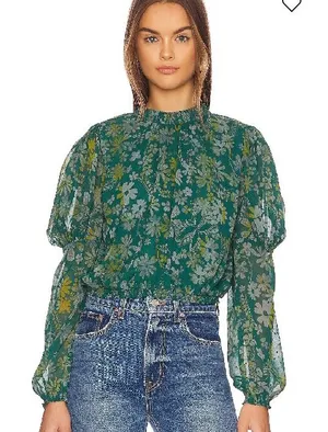 Free People Clarissa Printed Top in Sea Combo Sz L thumbnail 1