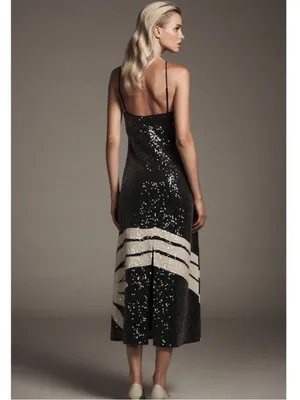 Farm Rio Anthropologie Medium Halter Sequin Midi Dress Black Tropical Resort thumbnail 7