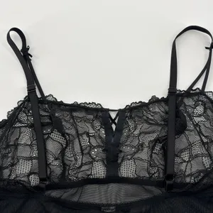 Black Sheer Lace Babydoll Lingerie Chemise Bow Detail Mesh Nightgown thumbnail 4
