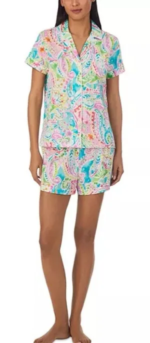 Lauren Ralph Lauren Paisley Pastel Cotton Boxer Pajama Set Size Medium Preppy thumbnail 1