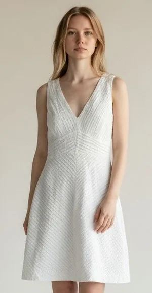 8 J.Crew White Chevron Pleated Dress Tall Sundress V-Neck 100% Cotton Women's thumbnail 1