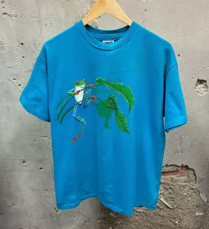 Vintage 1991 Teal Blue Wraparound Graphic Nature Frog Art tee Large L Single thumbnail 1