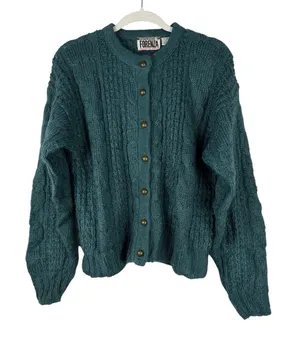 Vtg Forenza Mohair Wool Women's‎ M Teal Button Up Cable Knit Sweater Preppy 80's thumbnail 1
