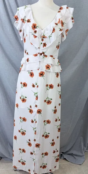 Ali & Jay White Orange Floral Ruffle‎ Peplum Maxi Dress M Wedding Guest Summer thumbnail 1
