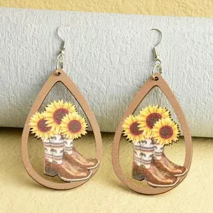 Western‎ Retro Personality Cowboy Boots Sunflower Earrings Wooden Water Drop thumbnail 6