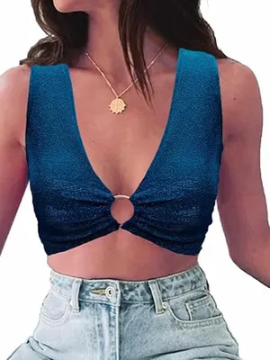 NWT Fashion Teal Blue Glitter Sparkle Grommet Crop Tank Top Women's Size XS thumbnail 1