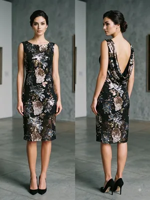 VTG Y2K Cache Floral Sequin Black Sparkle Sheath Cocktail Dress Medium. thumbnail 2