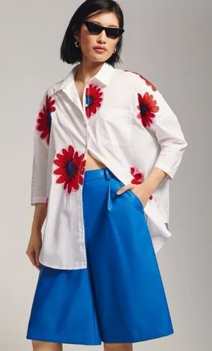 Anthropologie Maeve Embroidered Floral Blouse women's size XS S oversized NEW thumbnail 1