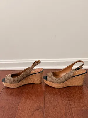 Coach Tan Signature Canvas Peep-Toe Slingback Heels with Black Toe thumbnail 2