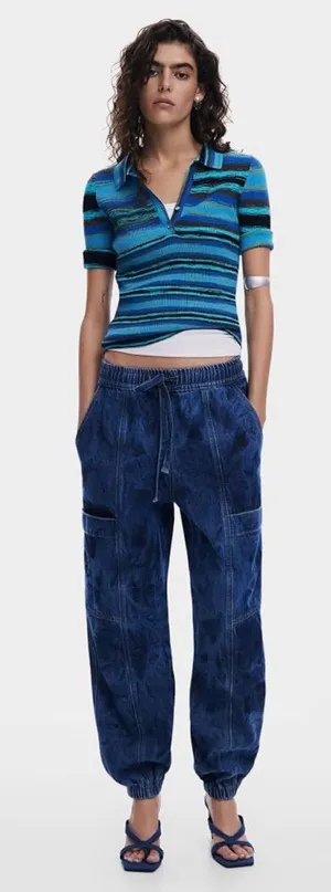 Women's Desigual Striped Knit Tshirt Blue collar size medium thumbnail 1