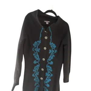Chelsea & Theodore Black Boiled Wool Teal Embroidered‎ Duster Cardigan Coat L thumbnail 2