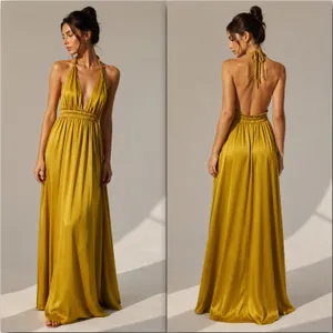 LoveShackFancy Golden Satin Plunge V-Neck Braided Halter Open Back Maxi Dress thumbnail 2