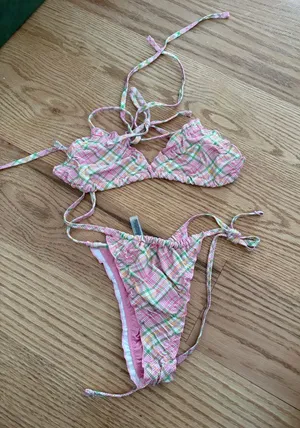 Frankie's Bikinis Pink Plaid Triangle String Bikini thumbnail 1