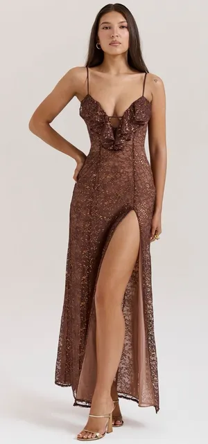 House of CB LUCIANNA Espresso Lace Maxi Dress Small thumbnail 1