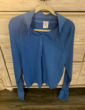 OFFLINE by Aerie Blue Cropped Long Sleeve Waffle Texture thumbnail 1