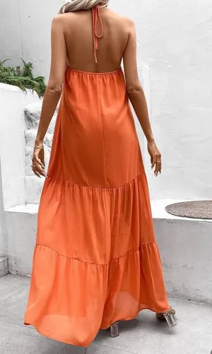 Backless Halter Tiered Maxi Dress in Orange size M thumbnail 1