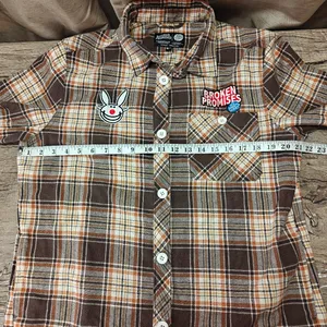 Broken Promises x‎ Happy Bunny Graffiti Brown Flannel Shirt. Size M. thumbnail 5