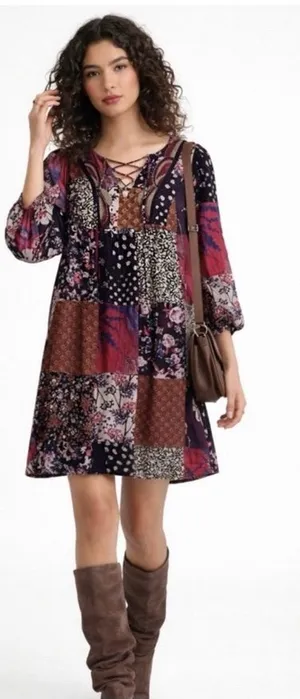 ONE SEPTEMBER Anthro Arcata Patchwork Beaded Lace Up Swing Dress Sz Small💛 thumbnail 1