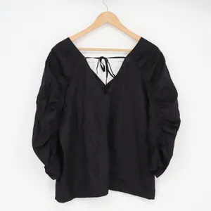 LOFT Blouse Women's L Black Puff Ruched Sleeve Tie Back New thumbnail 6