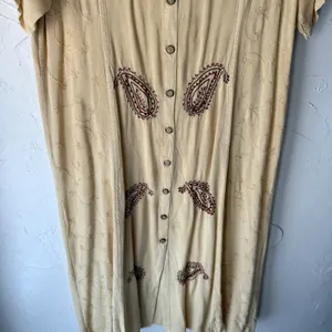 Vintage‎ Embroidered Paisley Button Front Dress Tan Beige Boho Midi L thumbnail 3