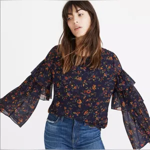 Madewell Ruffle-Sleeve‎ Top Blouse in Climbing Vine Navy Blue Floral Size Medium thumbnail 2
