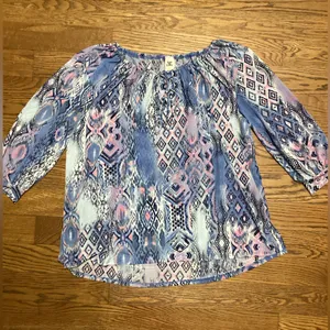 Sew in Love boho peasant blouse multi blue and pink geometric print. Size Large thumbnail 3
