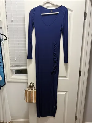 SHEIN Navy Long-Sleeve Scoop-Neck Maxi Dress with High Slit thumbnail 3