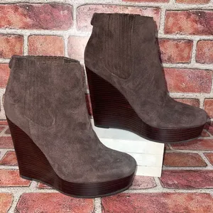Pre-Owned Michael Kors Brown Leather Suede Platform Wedge Ankle Boots Size 7M thumbnail 4