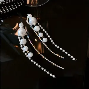 Faux Pearl Shiny Rhinestone Chain Tassel Design Dangle‎ Earrings Elegant Fashion thumbnail 4