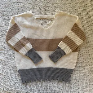 Moon & Madison White Grey Brown Knit Sweater Colorbock Stiped Cozy Freyed Medium thumbnail 2