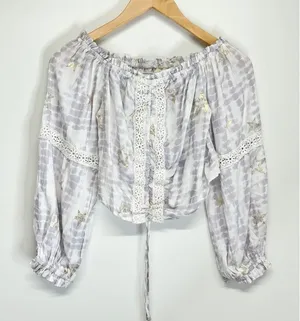 SURF GYPSY Metallic Star Print Crochet‎ Ruched Off Shoulder Crop Top Size Small thumbnail 1
