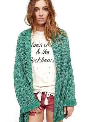 FREE PEOPLE I’ll Be Around Silk Blend Green Knit Oversized Cardigan Size Medium thumbnail 1