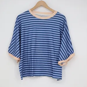 Blue Striped Ringer Tee Short Sleeve Relaxed Fit Boxy Crew Neck Top S With Flaw thumbnail 2