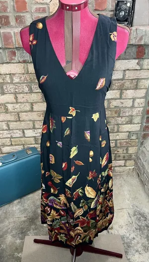 dress falling leaves sun dress jumper yellow rust V neck thumbnail 1