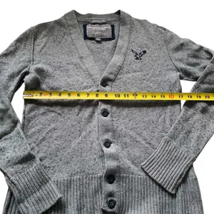 American Eagle Cardigan Sweater Unisex Small Gray Wool Blend Elbow Patch Preppy thumbnail 7