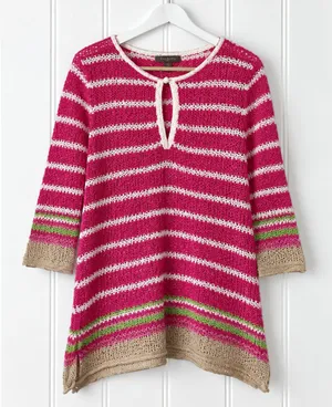 Tommy Bahama Tunic Sweater L Pink Stripe Linen Cotton Open Knit 3/4 Sleeve thumbnail 1