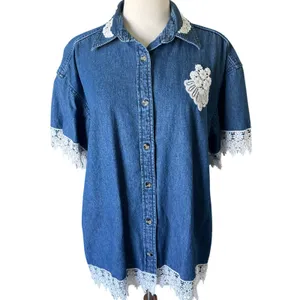 VTG 90s Y2K Blue Denim Short Sleeve Button Down Shirt L Crochet Eyelet Lace Trim thumbnail 2