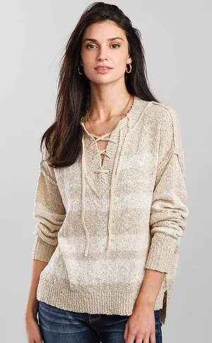 BKE Buckle Women’s Cream Striped Lace-Up V-Neck Knit Sweater - Size Small thumbnail 1
