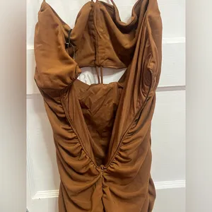 Zara Brown Ruched Mini Dress Front Cutout Size S thumbnail 4