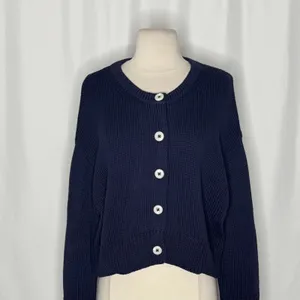 CAROLINE CONSTAS Navy Blue Cotton Cropped Cardigan Sweater Quiet Luxury Medium thumbnail 3